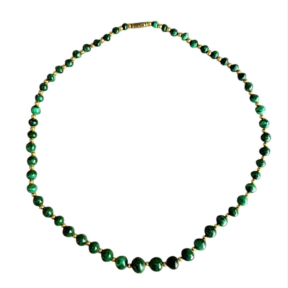 Chinese MALACHITE Graduated Bead Necklace w/Gold Spacers Vintage 25 1/2" - Picture 4 of 8